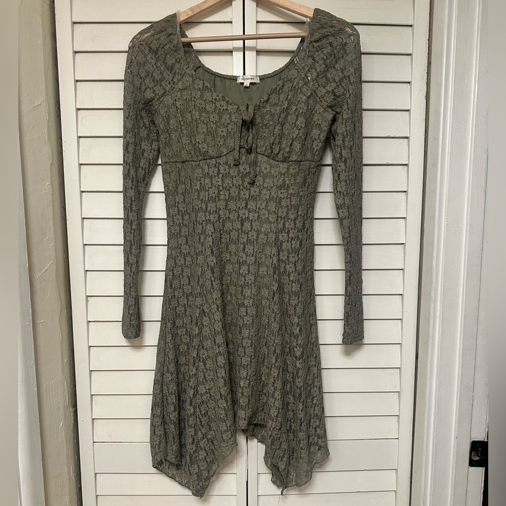 No Comment Long Sleeve Olive Green Knit Dress with Handkerchief Hem Sz S